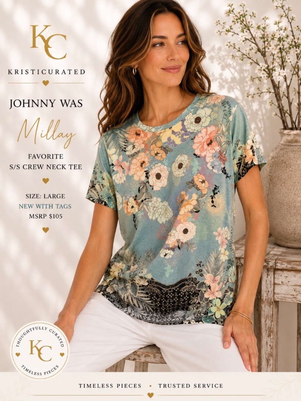 Johnny Was Millay Favorite S/S Crew Neck Tee Floral Large NWT